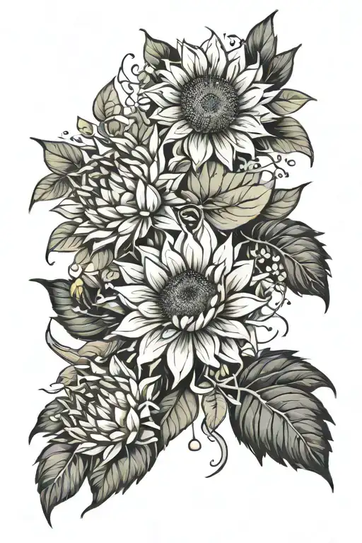 Sunflower And Lotus Flower With Azaeleas And Dandelions