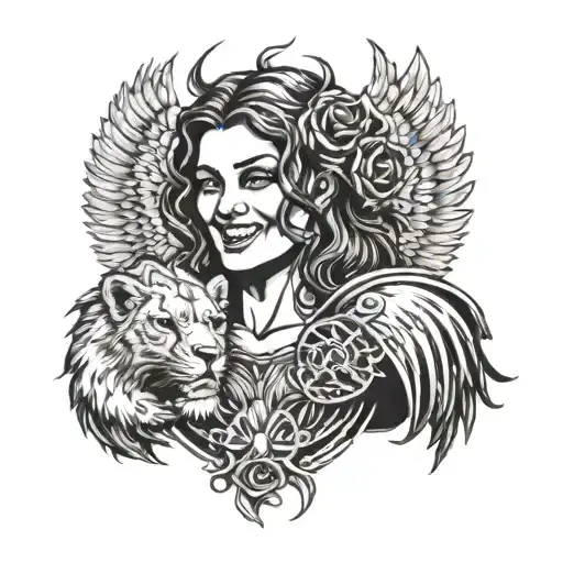 Smiling Dark Angel Holding A Bleeding Lions Head