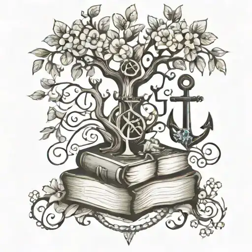 Feminine Nautical Anchor With Tree Of Life And Musical Notes And Small Stack Of Books