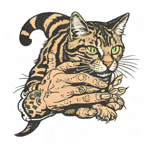 Tabby Cat Biting Human Hand Holding