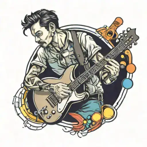 Create A Tattoo Of A Manly Figure Playing Guitar Surrounded By Colorful Lights