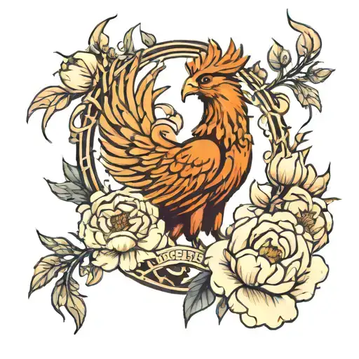 Phoenix Rising With A Crown Surrounded By Peonies