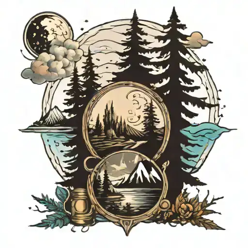 River Mountains Trees Tent Campfire Compass