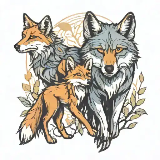 Wolf And Fox In A Forest