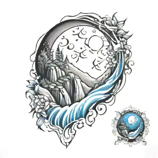 Moon Surrounded By Waterfall Flowing