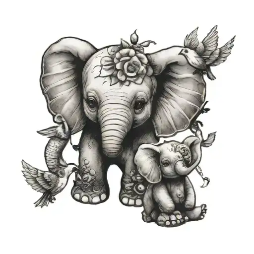 Baby Elephant With Bird And Teddy Bear Beside It