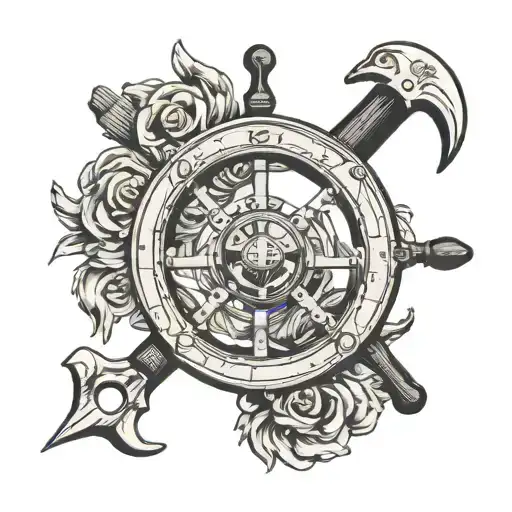 Steering Wheel Of Ship With Chef Knife And Aries Ram