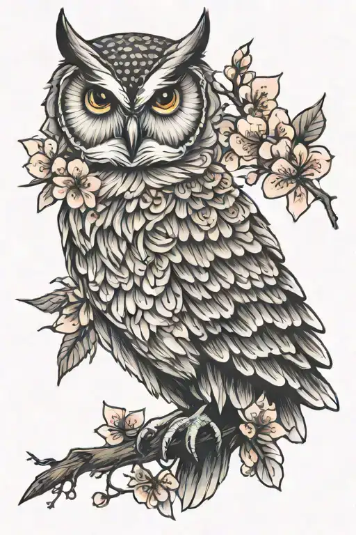 Owl With Trailing Feathers And Cherry Blossom Flowers
