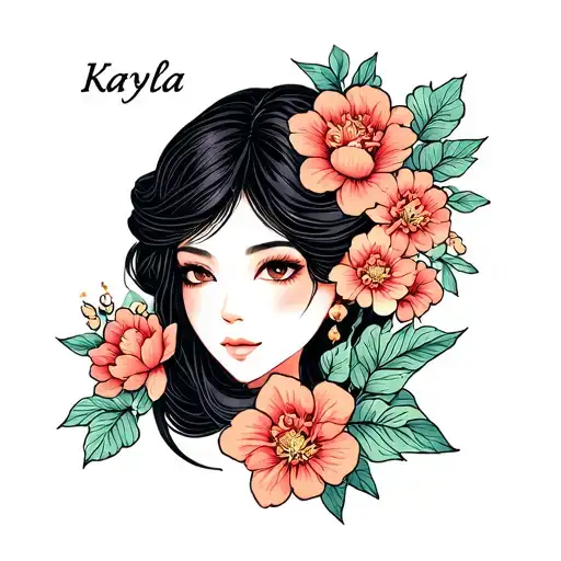 Kayla Name With Asian Face And Flowers Intertwined