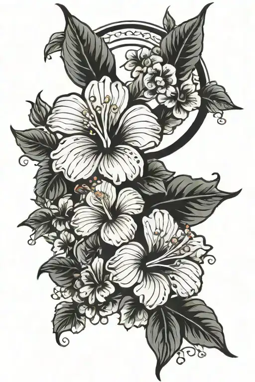 Crescent Moon Surrounded By Hibiscus Flowers In Bloom Tattoo