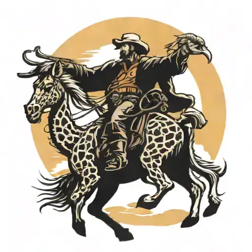 Cowboy With Lasso Riding A Giraffe Sunset In Background With Golden Eagle Flying In Sky