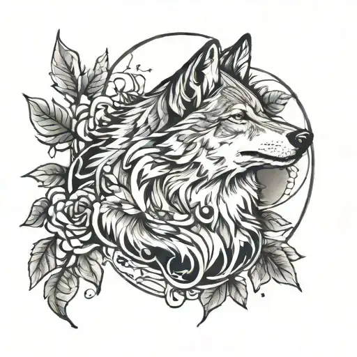 Wolf Face With Trees And A Moon And A Rose At The Base