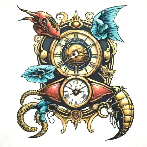 Mars And Venus Aligned With A Clock And A Woman's Eye And A Glowing Scarab