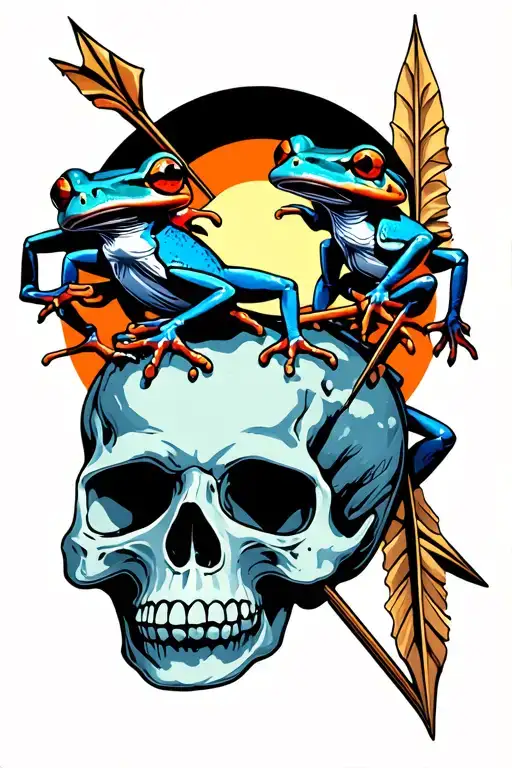 Poison Dart Frogs Climbing On Skull With Arrow Through It Black Sun Background