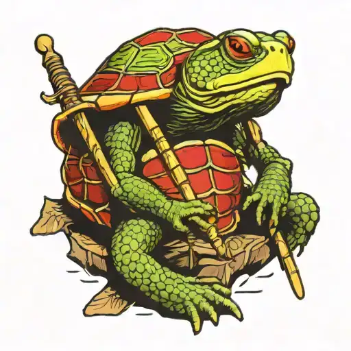 Red Eared Slider Turtle Sitting On Throne Holding Trident Staff