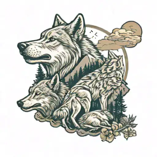 2 Adult Wolves 2 Baby Wolves On Mountain With Forest Behind Them Howling