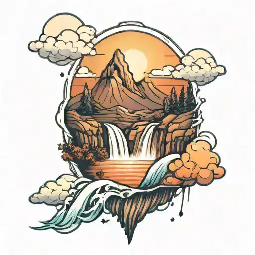 Sunset Over Mountains With A Waterfall Cascading