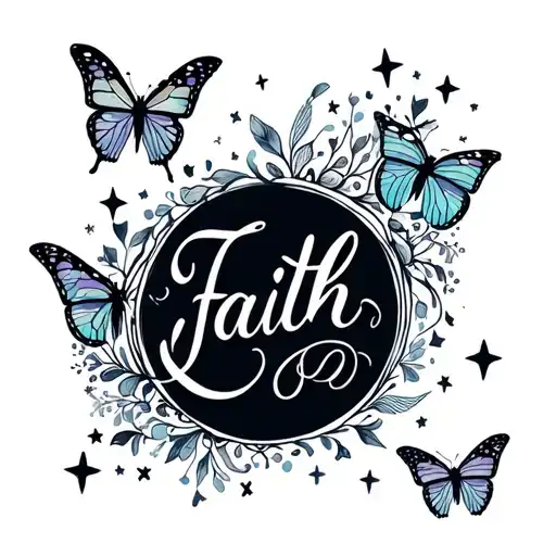 Faith Written In Cursive With Butterflies And Stars Around