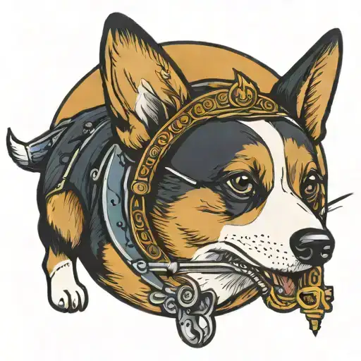 Tri Color Corgi With Medieval Flail In Mouth