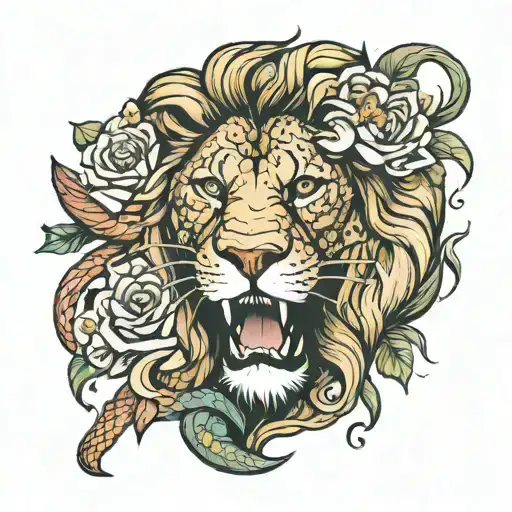 In The Mouth Of A Lion There Is A Snake With Flowers And Petals