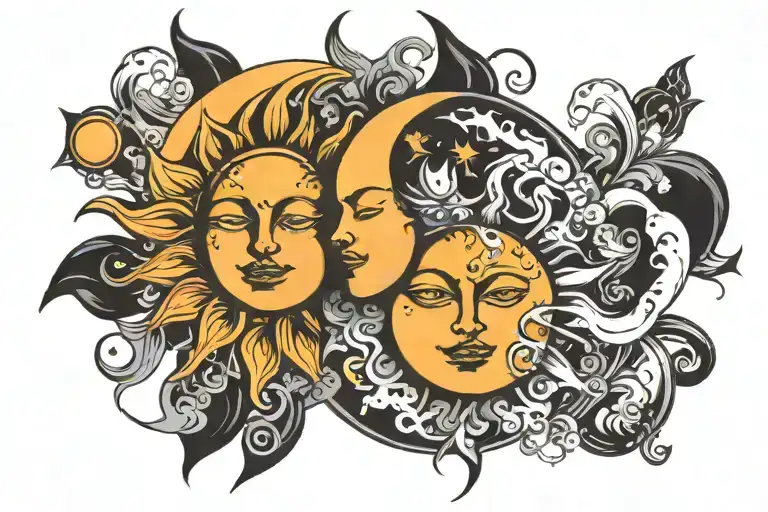 Moon And Sun Faces Overlapping To Make