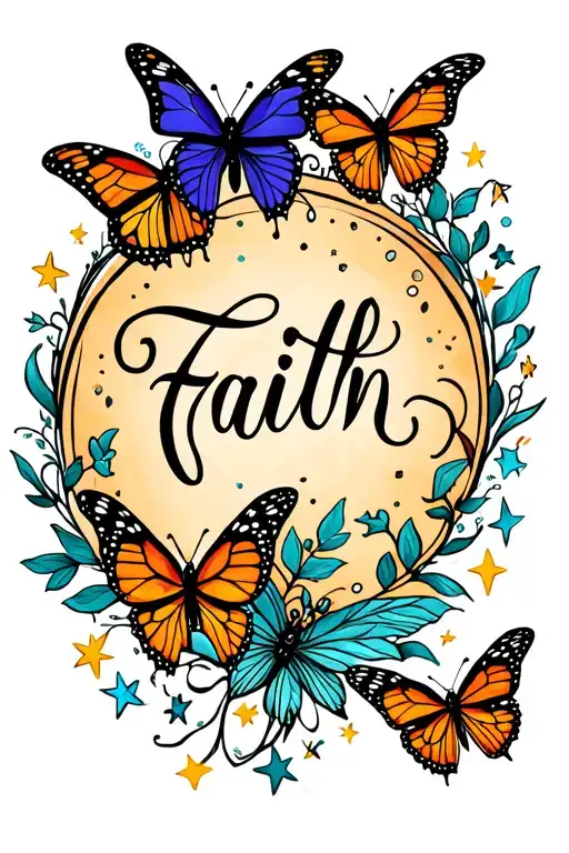 Faith Written In Cursive With Butterflies And Stars Around