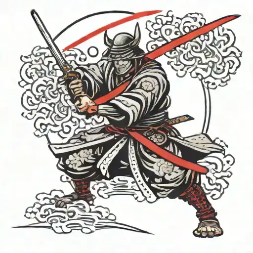 Samurai With Katana In Attack Position With Red Rays Coming Out Of His Eyes