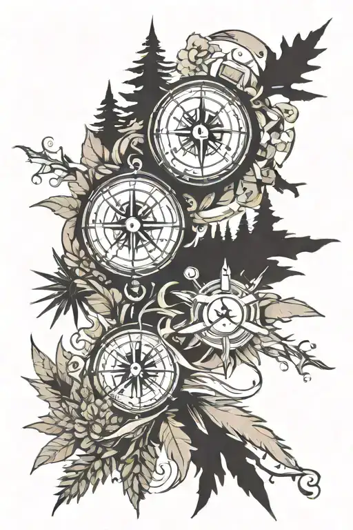 Pintrees And Compass Surrounded By Various