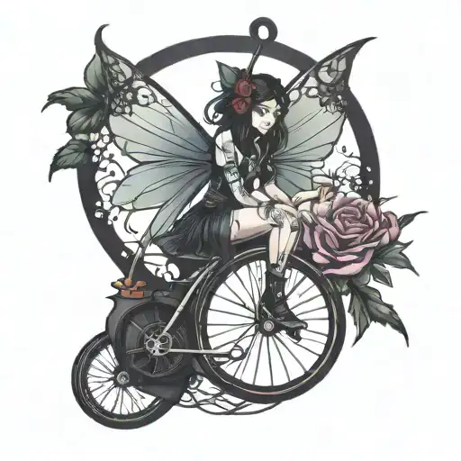 Dark Fairy Sitting On A Unicycle Surrounded