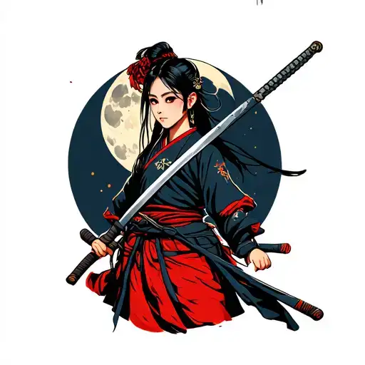 Girl Samurai With Katana And Moon
