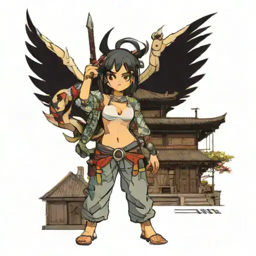 Anime Character Standing Against The Background Of The House Minka