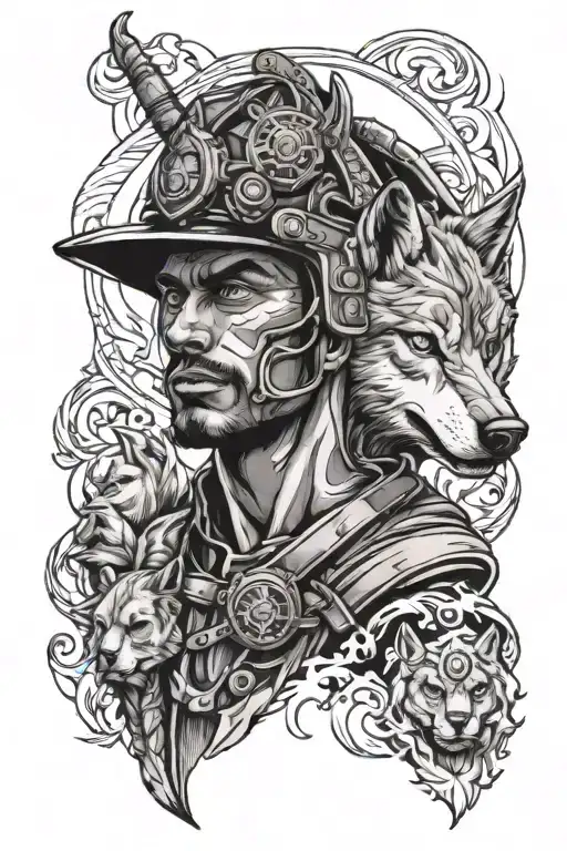 Spartan Firefighter With A Wolf Behind Him With Blue Eyes