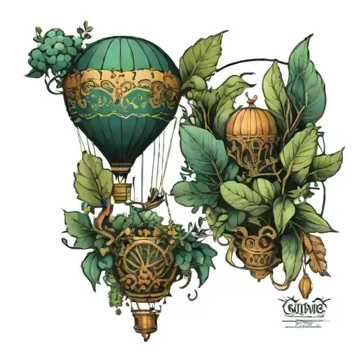 A Hot Air Balloon Made Of Vegetation Containing Two People In Love