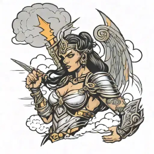 Valkyrie Warrior Woman Lightening And Clouds Behind