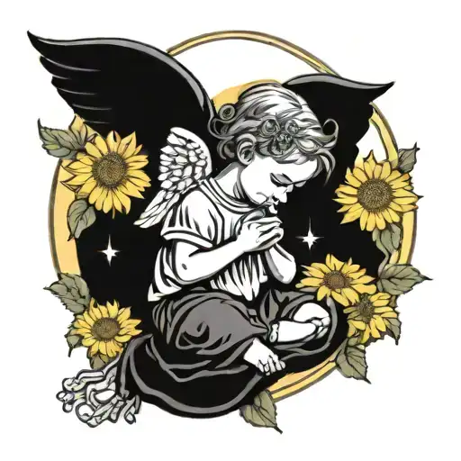 Baby Girl Angel Kneeling In Prayer With Rosary In Sunflower Bed