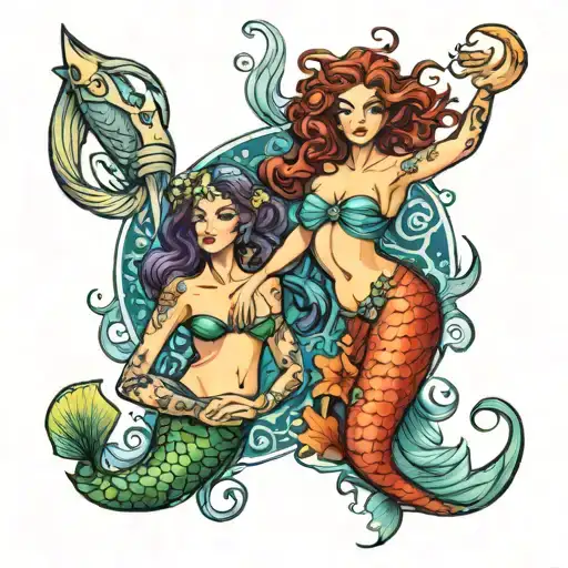 Mermaid And Medusa Protrayed As Pisces Sign Intertwined