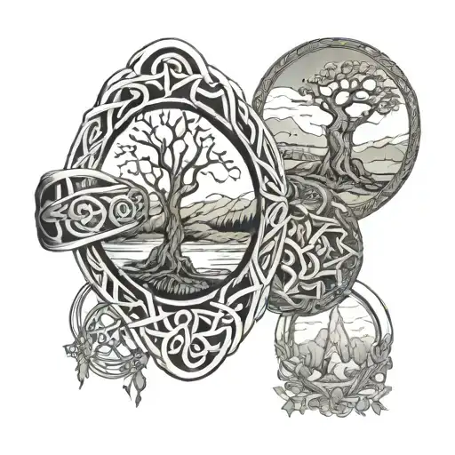 Celtic Rings And Celtic Female Druids Qith Landscape Background