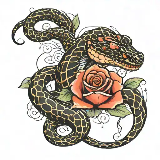 Snake With Devilish Eyes With Roses On The Sides Saturated With Black Lines