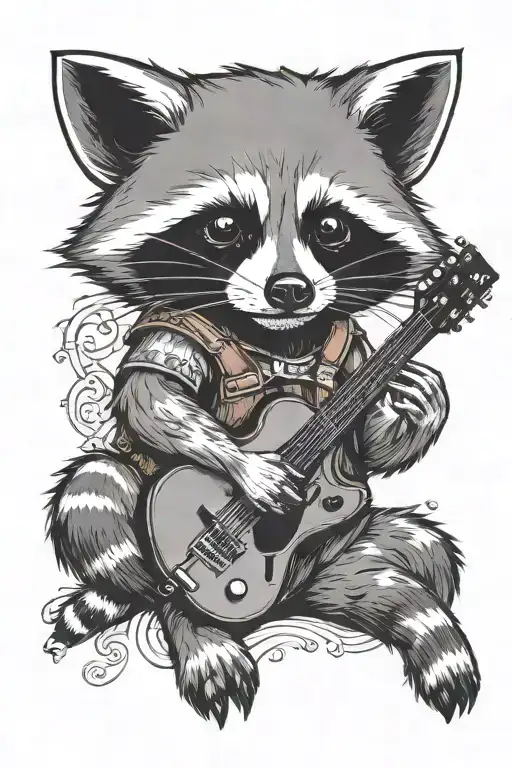 Black And Grey Raccoon Playing Acoustic Guitar Colored Mothes