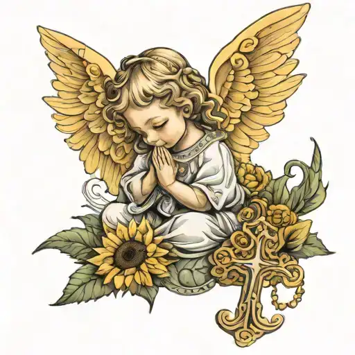 Baby Girl Angel Kneeling In Prayer With Rosary In Sunflower Bed