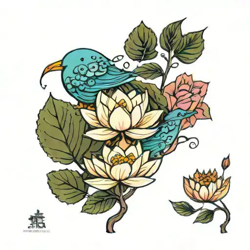 Thin Branch With Leaves And A Lotus Flower And Two Birds Looking At Each Other