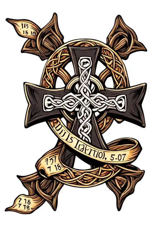 Celtic Cross Wrapped In A Ribbon With The Dates 7-15-18 And 5-7-07
