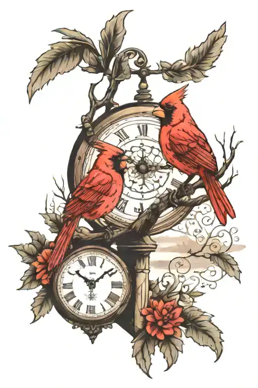 Cardinal Perched Near Lake Scene With Clock Tower Surrounded