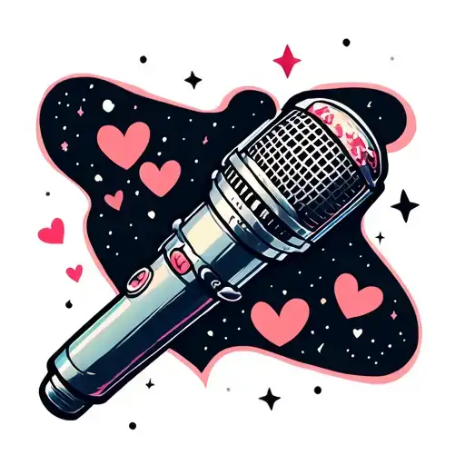A Celestial Scene With A Karaoke Microphone And Love Symbols In A Neotraditional Style