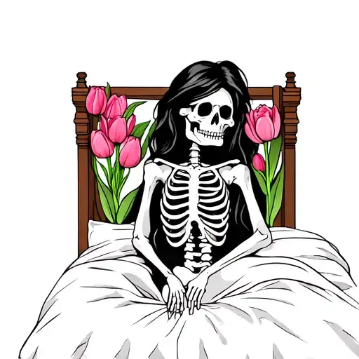 Womans Skeleton In Bed With Tulip Flower Growing