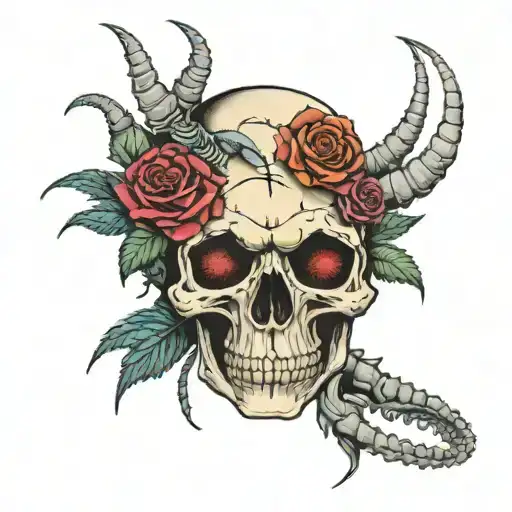 Skull With Rose In Eye Socket And A Big Centipede Around It