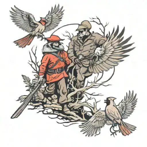 Kid And Dad Hunting Scene With Cardinal In Flight Incorporated