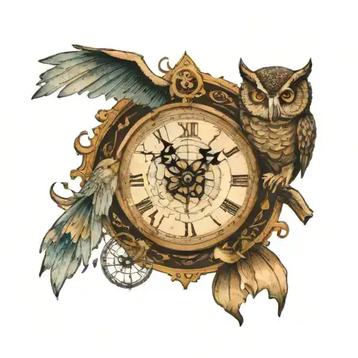 World Map With Owl With Surfing Antique Clock And Compass