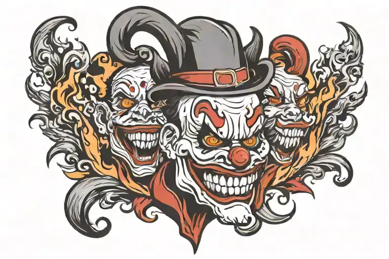 The Head Of An Evil Clown In The Middle Around The Fire
