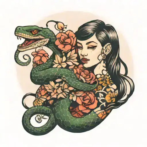 Snake Flowers Girl Holding A Snake And